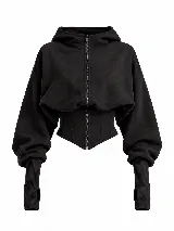 Campera negra de tela deportiva fina con capucha, cierre frontal completo, diseño estilo corset en la cintura y mangas largas con puños tipo guante con abertura para el pulgar.