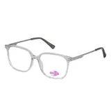 Armazón de anteojos MDQ modelo GZ07, con frente de acetato transparente y patillas metálicas en tono gris con terminales en color verde musgo.