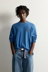 Camiseta de manga larga color azul con cuello redondo, corte relajado y pequeño parche gráfico bordado en el pecho.