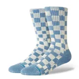 Medias altas Stance modelo Cruzer Crew, con diseño de cuadros en tonos celeste y blanco, confeccionadas con tejido de algodón y amortiguación estratégica.