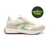 Championes urbanos American Sport Abrus Lady, color beige con detalles en verde, suela blanca y suela de goma color caramelo. Confeccionados en materiales sintéticos y tela, con plantilla de memory foam.