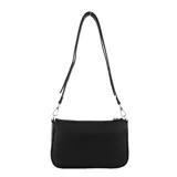 Cartera tipo bandolera de la marca Las Oreiro, color negro, con cierre superior y correa larga ajustable. Presenta un detalle de labios y el logo de la marca grabados en el frente.