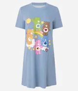 Camisón corto de manga corta, color celeste jaspeado, con estampado frontal de los Ositos Cariñositos.
