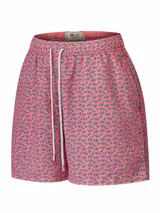 Short de baño RKF modelo Izam, de color rosado con estampado integral de pequeñas tortugas en tonos azules y verdes. Cuenta con cintura elástica con cordón ajustable en color blanco y bolsillos.