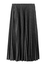 Falda midi plisada de color gris oscuro, con corte acampanado y diseño fluido.