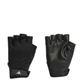 Guantes deportivos Adidas sin dedos, diseñados para entrenamiento. Presentan una palma texturizada para mayor agarre y un cierre de velcro ajustable en la muñeca con el logo de la marca.
