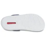 Zuecos Crocs modelo InMotion LiteRide Clog, de color gris en la parte superior perforada con tira trasera pivotante y suela gruesa de plataforma en color blanco con detalles negros.