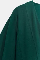 Vestido midi de color marrón chocolate, con escote en pico y mangas cortas abullonadas con puños elásticos. Presenta costuras verticales decorativas en el frente y cierre de cremallera oculta en la espalda.