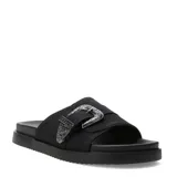 Sandalias planas Miss Carol Sage de estilo slide, color negro, con una tira ancha en el empeine decorada con una gran hebilla metálica plateada de estilo Western con grabados en relieve. Suela con ligera plataforma y base estriada.