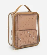Kit de tres neceseres organizadores. Incluye un neceser grande transparente con bordes en tono tostado y dos neceseres más pequeños estructurados, uno con estampado de puntos y otro con estampado de carpinchos y flores blancas. Todos cuentan con cierre superior.