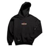 Canguro negro de algodón con capucha y bolsillo frontal tipo canguro. Presenta un estampado central en el pecho con el logo de la marca Emexem en color rojo y blanco, y una pequeña etiqueta decorativa en la parte inferior.