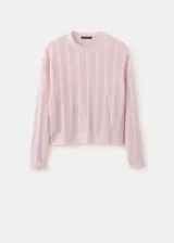 Chaleco de tejido de punto calado, color rosado, con diseño recto y cuello redondo.
