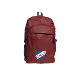 Mochila de poliéster color bordó con detalles en azul marino. Cuenta con un compartimento principal con cierre, un bolsillo frontal con cierre y bolsillos laterales de malla. Lleva el escudo del Club Nacional de Football bordado en la parte inferior delantera.