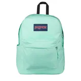 Mochila Jansport modelo Superbreak, color verde menta claro, con un compartimento principal y un bolsillo frontal con cierre. Presenta el logo rectangular de Jansport en el frente y asa superior negra.