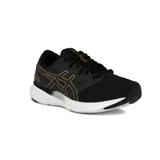 Championes de running Asics modelo Fuzeblast, color negro con detalles en dorado. Presentan capellada de malla transpirable, logo lateral característico y entresuela blanca con amortiguación.