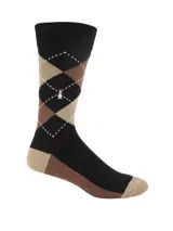 Media de largo medio con diseño de rombos en tonos negro, marrón y beige. Presenta un pequeño bordado de un perro en el centro y puntera y talón en color contrastante.
