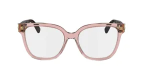Lentes de receta Longchamp con armazón de acetato transparente en tono rosado, diseño de marco cuadrado y detalles metálicos dorados en las bisagras.