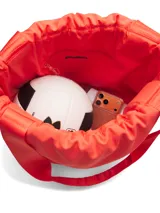 Bolso tipo tote de Under Armour, color naranja, con cierre ajustable mediante cordón y correas de hombro de cincha. Cuenta con tecnología resistente al agua y bolsillo interior con cremallera.