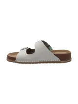 Sandalia de cuero color blanco RKF modelo Rosine, con dos tiras ajustables con hebillas metálicas, plantilla anatómica y suela tipo corcho con base de goma antideslizante.