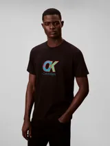 Remera de algodón negro con cuello redondo y manga corta. Presenta un estampado gráfico en el pecho con el monograma de Calvin Klein en colores azul, verde y rojo, junto con el nombre de la marca debajo.