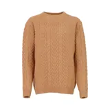 Sweater de punto con diseño de trenzas verticales, cuello redondo y mangas largas. Presenta puños y ruedo acanalados.