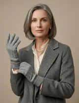 Guantes de tejido suave color gris, con puño elastizado y detalle de etiqueta de la marca LGC Vogue en la muñeca.
