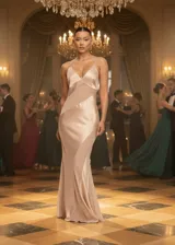 Vestido largo de satén color champagne con paneles de tela mesh semitransparente, escote en V y breteles finos.