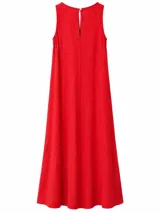 Vestido largo rojo sin mangas, con escote redondo y silueta fluida de corte recto.