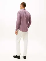 Camisa de manga larga Tommy Hilfiger con corte regular, confeccionada en algodón con tejido dobby texturizado. Presenta un micro estampado de puntos en tono rojizo, cuello clásico con botones y logo de la marca bordado en el pecho.
