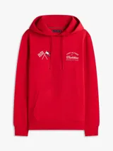 Buzo con capucha de Tommy Hilfiger en colaboración con Cadillac Formula 1 Team. Confeccionado en algodón, presenta un diseño de color rojo con bolsillo tipo canguro, puños y bajo acanalados. Incluye bordados en el pecho con banderas cruzadas y el logo de la colaboración.
