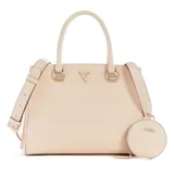 Bolso tipo satchel mediano de poliuretano color rosa pálido, con textura grabada con el logo 'G' de Guess. Cuenta con asas superiores y una correa ajustable y desmontable para llevar al hombro o cruzado. Incluye un monedero circular colgante con el logo Guess. Los herrajes son de color dorado.
