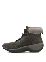 Botines de gamuza color gris oscuro con cuello de piel sintética, cierre mediante cordones y suela ergonómica con tecnología Spinal Flex.