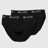 Pack de dos calzoncillos tipo briefs de color negro, con cintura elástica ancha que presenta la palabra 'BLACK' estampada en color gris.