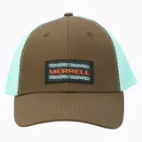 Gorro unisex de 6 paneles, color marrón con malla trasera celeste, visera curva, parche frontal con logo Merrell y ajuste snap trasero.
