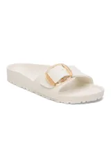Sandalia Birkenstock Madrid Big Buckle Eva, color blanco hueso, con hebilla grande dorada y plantilla anatómica.