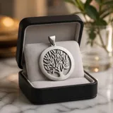 Dije circular de acero inoxidable con diseño calado de árbol de la vida.