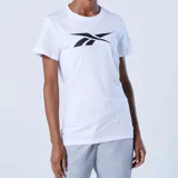 Remera blanca de algodón con logo Reebok Vector negro estampado en el pecho.