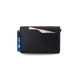 Tarjetero compacto negro de cuero sintético con sistema anti clonación y caja de aluminio incorporada para guardar tarjetas. Incluye espacio para documentos y billetes.