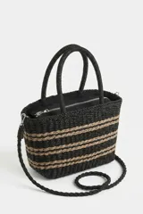 Bolso tipo tote negro tejido con rayas horizontales en color tostado, asas de mano rígidas y diseño estructurado.
