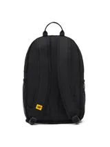Mochila urbana Caterpillar modelo Tokyo, color negro, con compartimento principal y bolsillo acolchado para portátil. Presenta correas ajustables de malla, dos bolsillos laterales de malla, asa de agarre superior y detalle reflectante frontal.