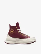 Championes Converse Run Star Legacy CX HI de caña alta, color borgoña con detalles en dorado y blanco. Confeccionados en cuero con plataforma chunky y suela de goma.