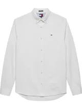 Camisa de vestir blanca de algodón Oxford, corte regular, cuello abotonado, manga larga con puños abotonados y logo de Tommy Jeans bordado en el pecho.