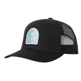 Gorra tipo trucker Katin color negro con paneles traseros de malla y parche frontal bordado con diseño de palmera y texto.