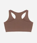 Soutien femenino color marrón, confeccionado en poliamida texturizada, con diseño de espalda nadador y sin copa. Presenta un elástico en la base con el logo de la marca.