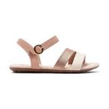 Sandalia casual de mujer, con tiras cruzadas en color rosa y dorado.