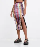 Pollera midi de cintura alta con elástico y lettering 'Know Your Worth', con tajo lateral y diseño rayado de lentejuelas multicolores.