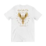 Remera blanca de manga corta y cuello redondo, con diseño de fénix dorado y texto 'G.O.A.T.' en el pecho izquierdo, de la colaboración Emexem Originals x Nico Olivera.