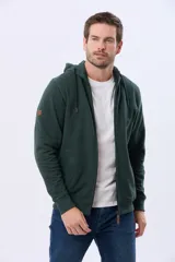 Canguro de felpa color azul marino con cierre frontal completo, capucha con cordones y bolsillos canguro.