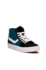 Championes de lona y gamuza tipo bota Pony modelo CF 1189, color negro y azul con detalles en blanco.