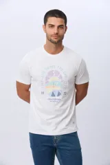 Remera de algodón de calce clásico y cuello redondo, con estampado frontal de temática surf con colores pasteles.